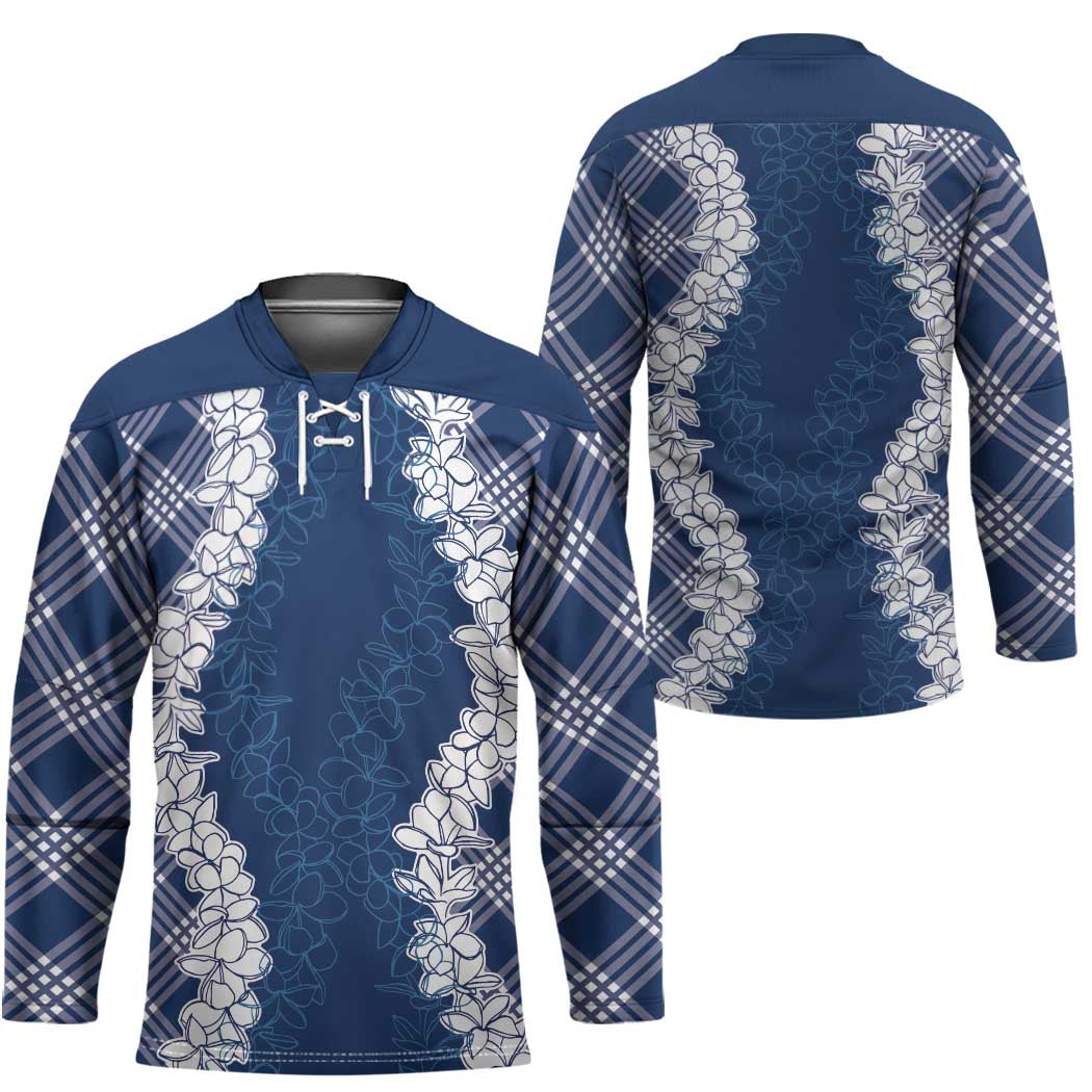 Hawaii Aloha Plumeria Lei Navy Palaka Hockey Jersey - Polynesian Pride