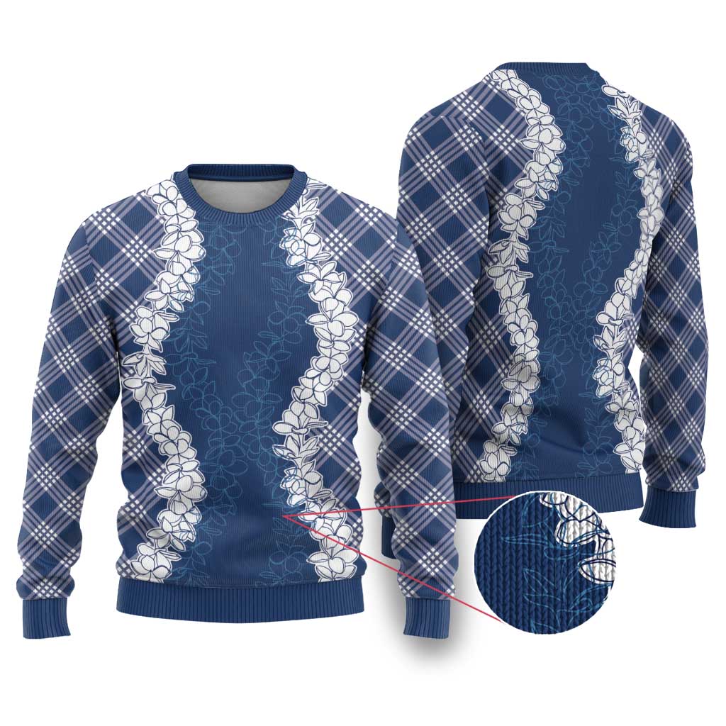 Hawaii Aloha Plumeria Lei Navy Palaka Ugly Christmas Sweater - Polynesian Pride