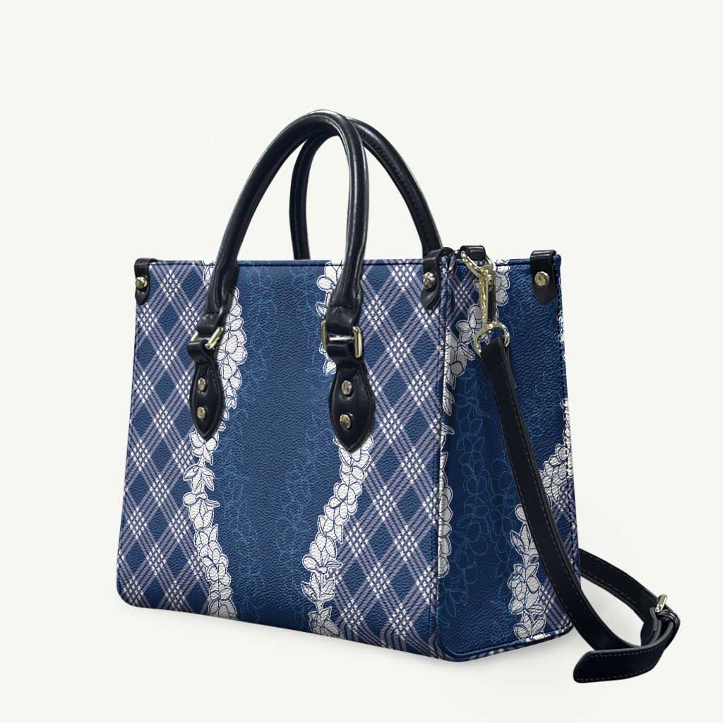 Hawaii Aloha Plumeria Lei Navy Palaka Leather Bag - Polynesian Pride