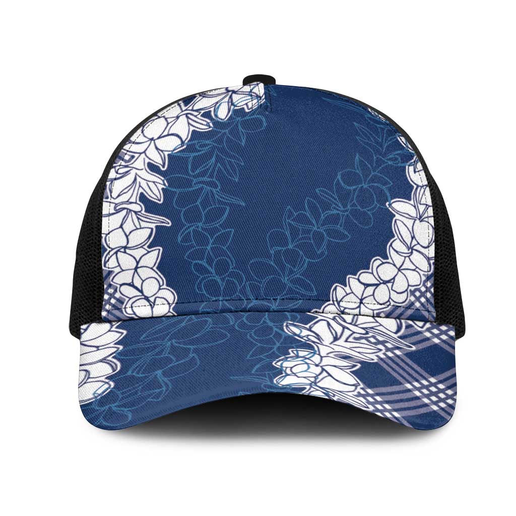 Hawaii Aloha Plumeria Lei Navy Palaka Mesh Trucker Cap - Polynesian Pride
