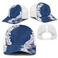 Hawaii Aloha Plumeria Lei Navy Palaka Mesh Trucker Cap - Polynesian Pride