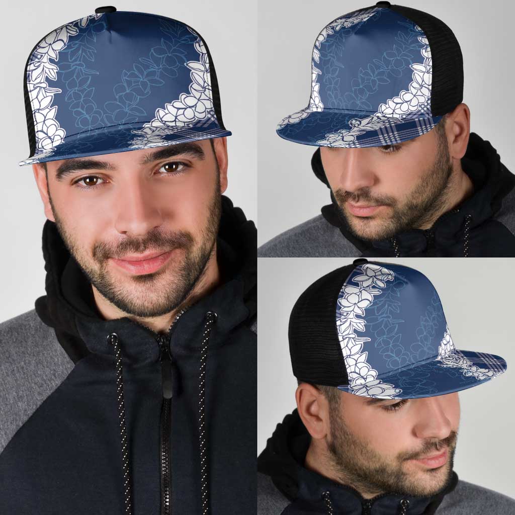 Hawaii Aloha Plumeria Lei Navy Palaka Mesh Trucker Cap - Polynesian Pride