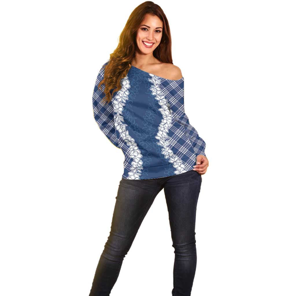 Hawaii Aloha Plumeria Lei Navy Palaka Off Shoulder Sweater - Polynesian Pride