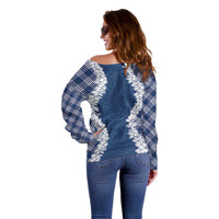 Hawaii Aloha Plumeria Lei Navy Palaka Off Shoulder Sweater - Polynesian Pride