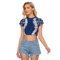 Hawaii Aloha Plumeria Lei Navy Palaka Raglan Cropped T Shirt LT7 Female Navy Blue - Polynesian Pride