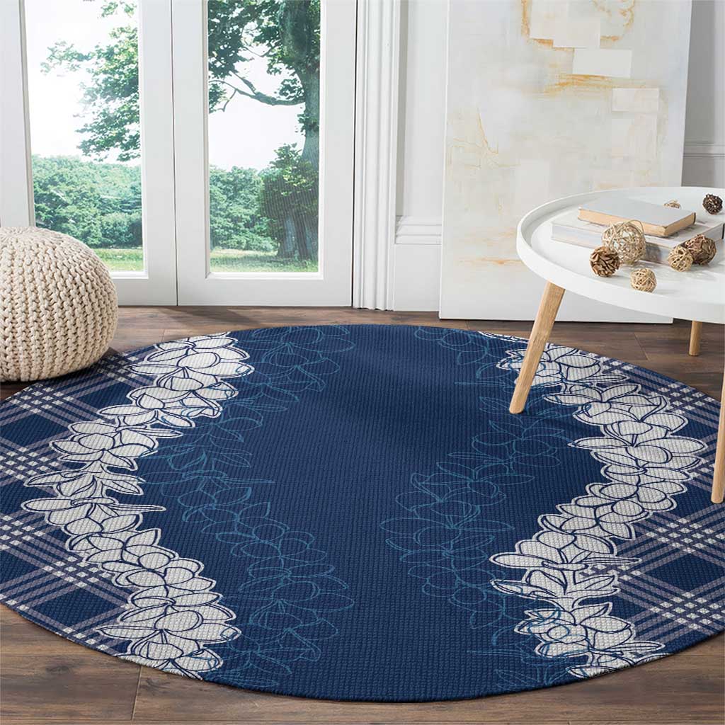 Hawaii Aloha Plumeria Lei Navy Palaka Round Carpet - Polynesian Pride