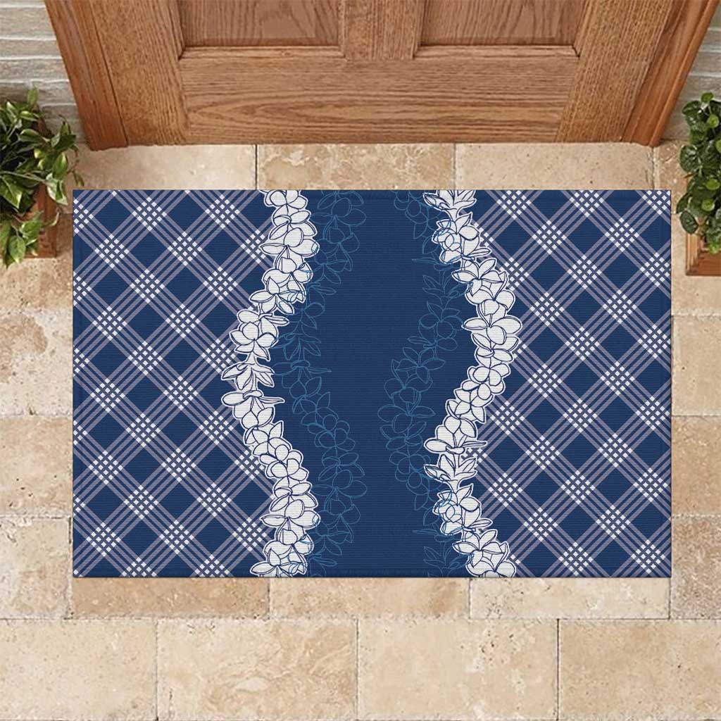 Hawaii Aloha Plumeria Lei Navy Palaka Rubber Doormat - Polynesian Pride