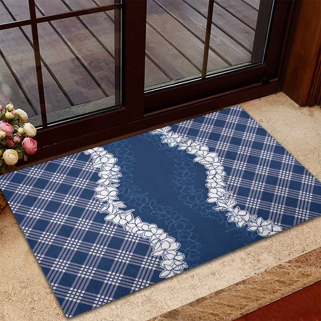Hawaii Aloha Plumeria Lei Navy Palaka Rubber Doormat - Polynesian Pride