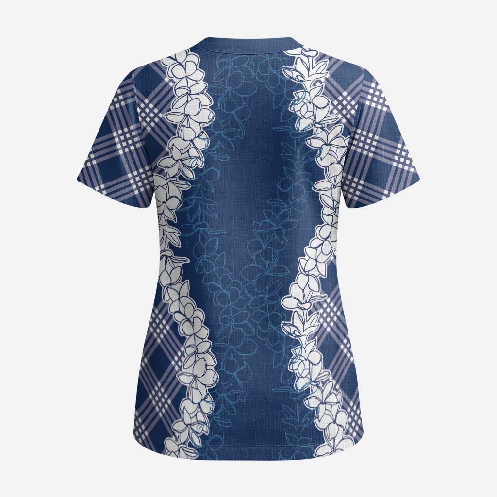 Hawaii Aloha Plumeria Lei Navy Palaka Scrub Top - Polynesian Pride