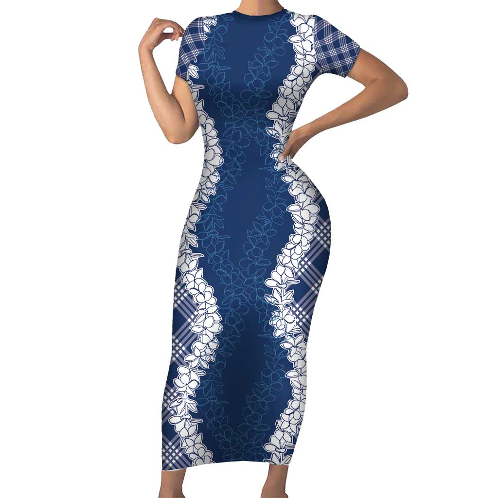 Hawaii Aloha Plumeria Lei Navy Palaka Short Sleeve Bodycon Dress - Polynesian Pride