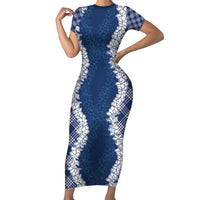 Hawaii Aloha Plumeria Lei Navy Palaka Short Sleeve Bodycon Dress - Polynesian Pride