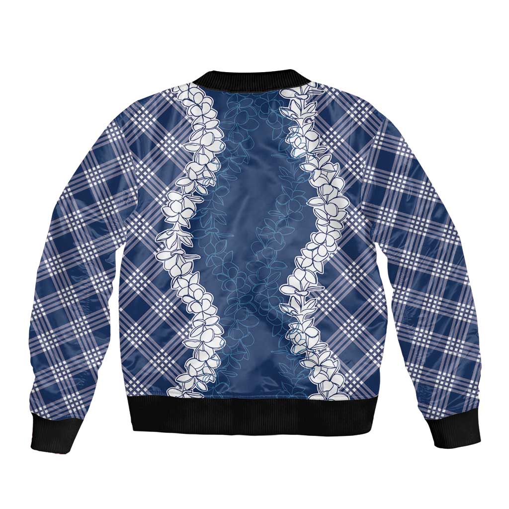 Hawaii Aloha Plumeria Lei Navy Palaka Sleeve Zip Bomber Jacket - Polynesian Pride