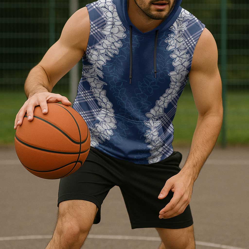 Hawaii Aloha Plumeria Lei Navy Palaka Sleeveless Hoodie - Polynesian Pride