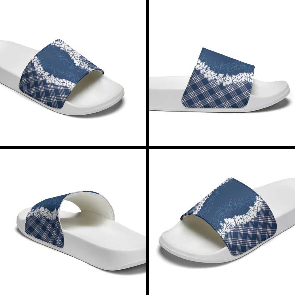 Hawaii Aloha Plumeria Lei Navy Palaka Slide Sandals - Polynesian Pride