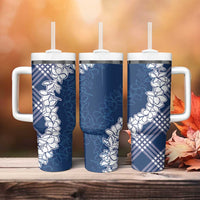 Hawaii Aloha Plumeria Lei Navy Palaka Tumbler With Handle - Polynesian Pride