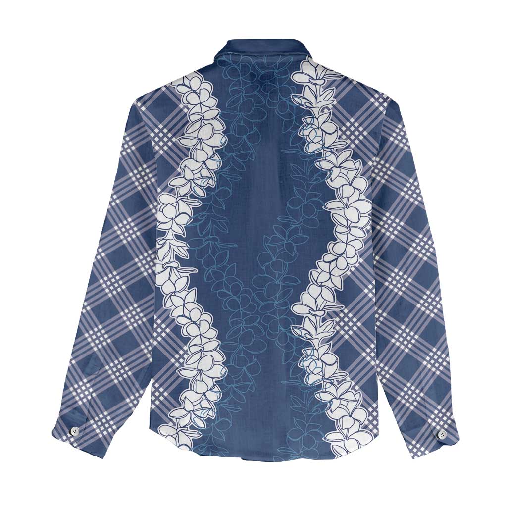 Hawaii Aloha Plumeria Lei Navy Palaka Women Casual Shirt - Polynesian Pride