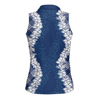 Hawaii Aloha Plumeria Lei Navy Palaka Women Sleeveless Polo Shirt - Polynesian Pride