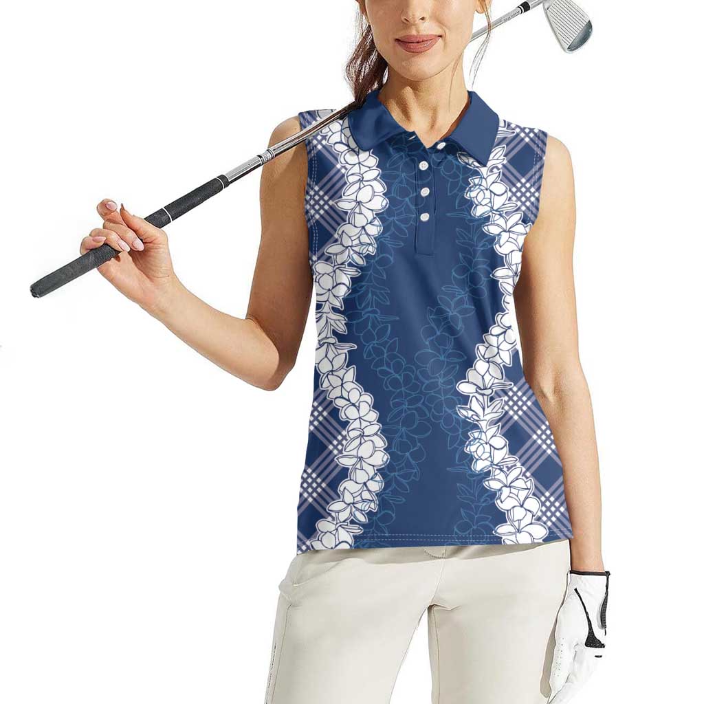 Hawaii Aloha Plumeria Lei Navy Palaka Women Sleeveless Polo Shirt - Polynesian Pride