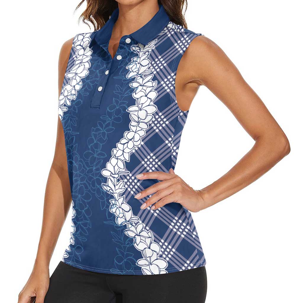 Hawaii Aloha Plumeria Lei Navy Palaka Women Sleeveless Polo Shirt - Polynesian Pride