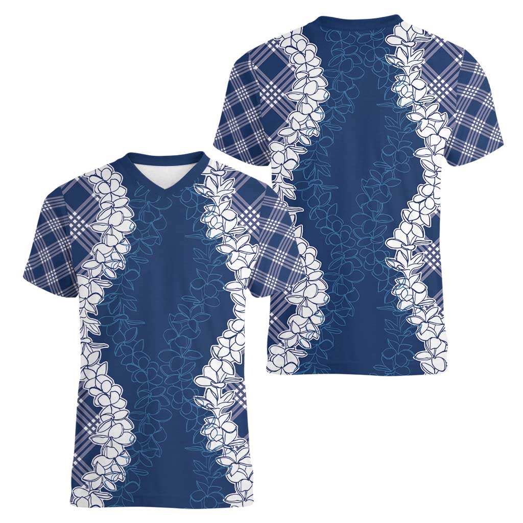 Hawaii Aloha Plumeria Lei Navy Palaka Women V-Neck T-Shirt - Polynesian Pride