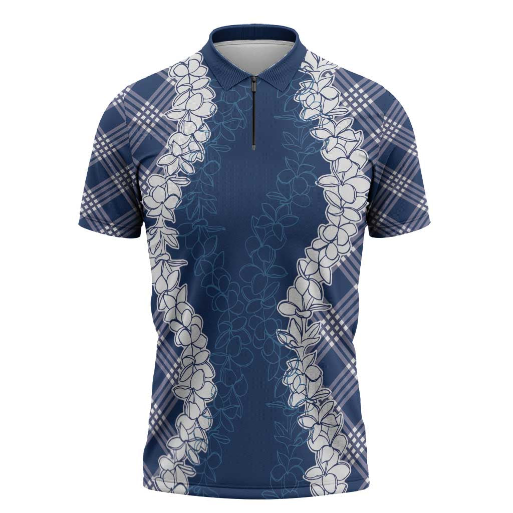 Hawaii Aloha Plumeria Lei Navy Palaka Zipper Polo Shirt - Polynesian Pride