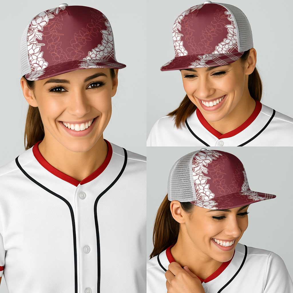 Hawaii Aloha Plumeria Lei Scarlet Palaka Baseball Net Cap - Polynesian Pride