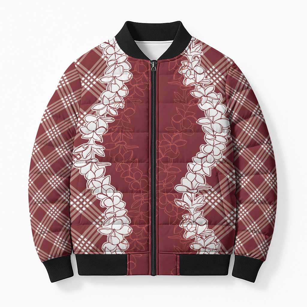 Hawaii Aloha Plumeria Lei Scarlet Palaka Bomber Puffer Jacket - Polynesian Pride
