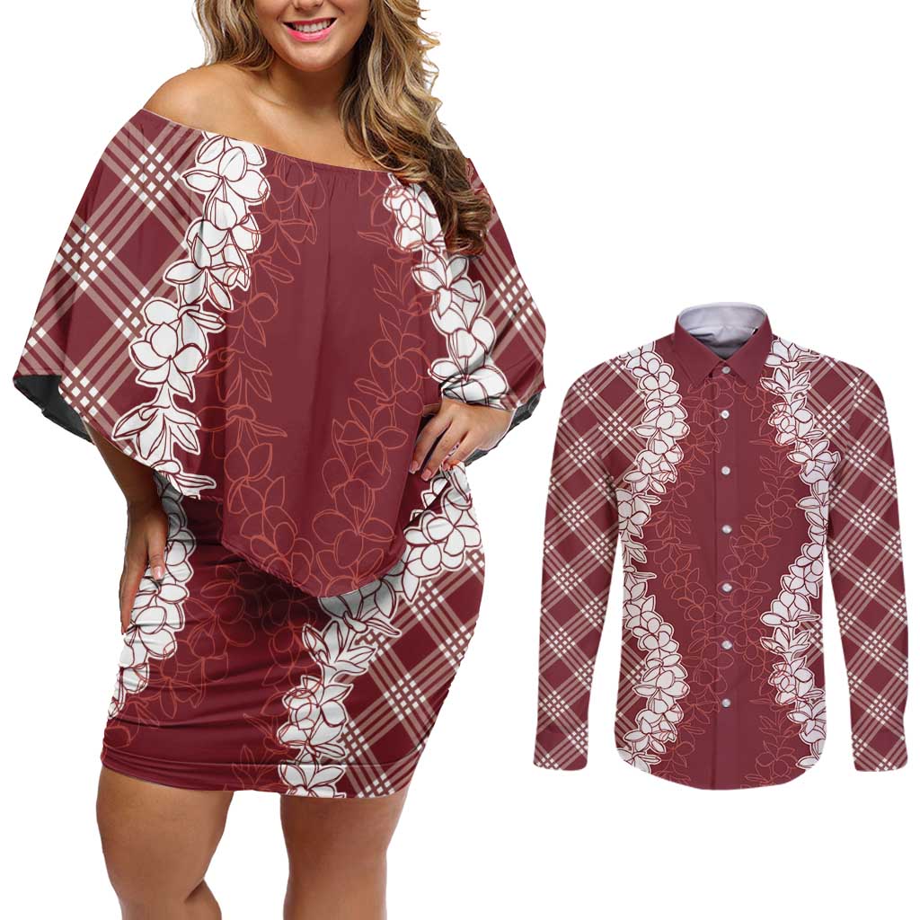 Hawaii Aloha Plumeria Lei Scarlet Palaka Couples Matching Off Shoulder Short Dress and Long Sleeve Button Shirt - Polynesian Pride