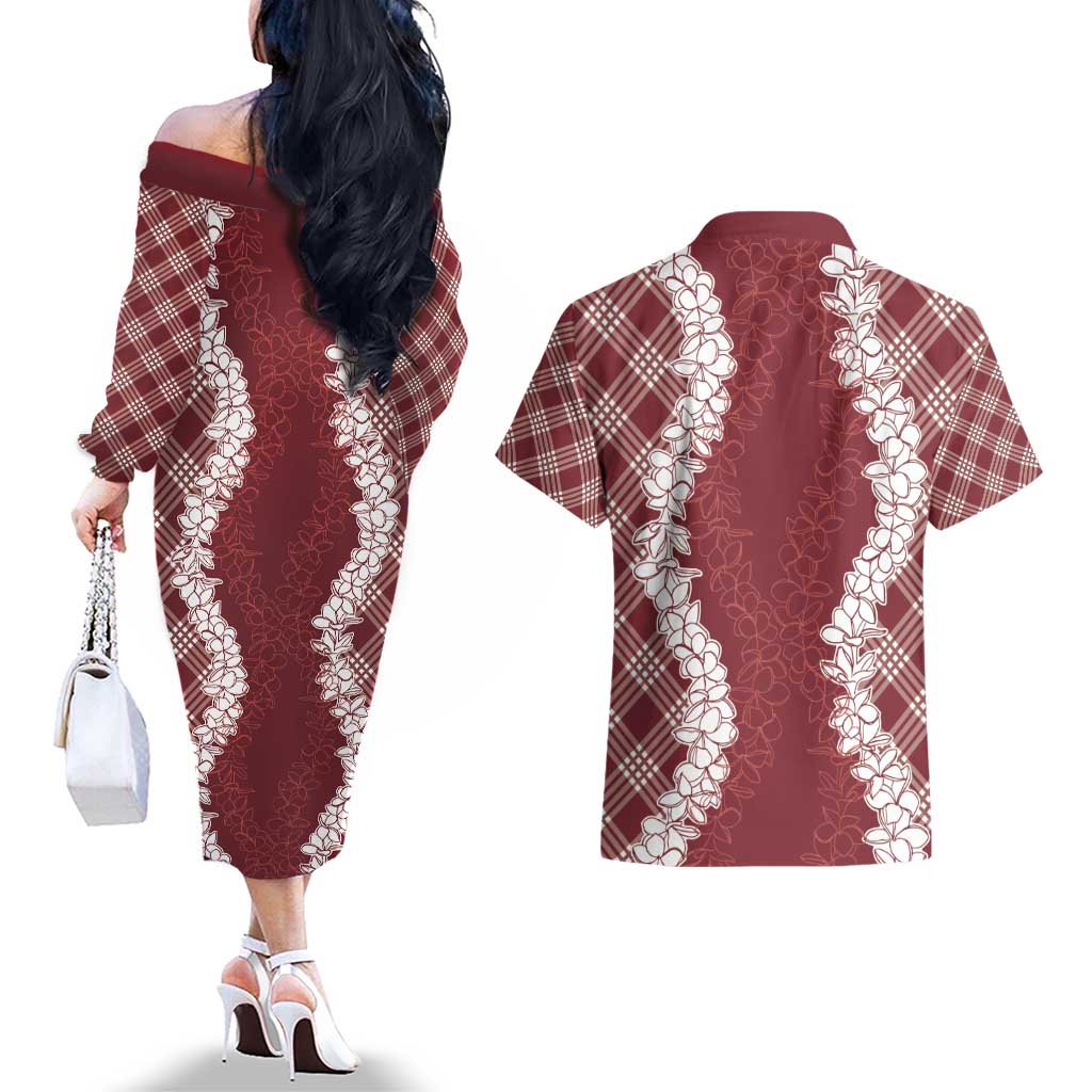 Hawaii Aloha Plumeria Lei Scarlet Palaka Couples Matching Off The Shoulder Long Sleeve Dress and Hawaiian Shirt LT7 - Polynesian Pride