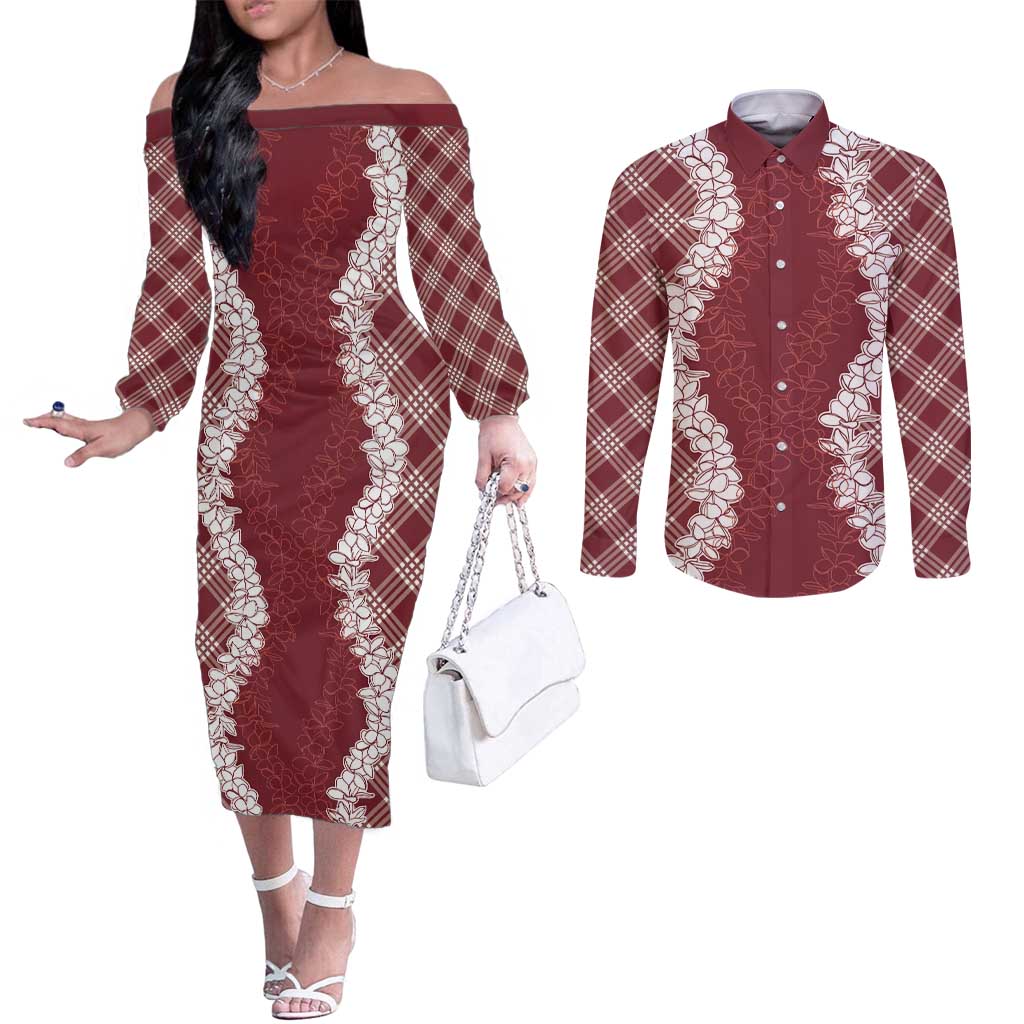 Hawaii Aloha Plumeria Lei Scarlet Palaka Couples Matching Off The Shoulder Long Sleeve Dress and Long Sleeve Button Shirt - Polynesian Pride