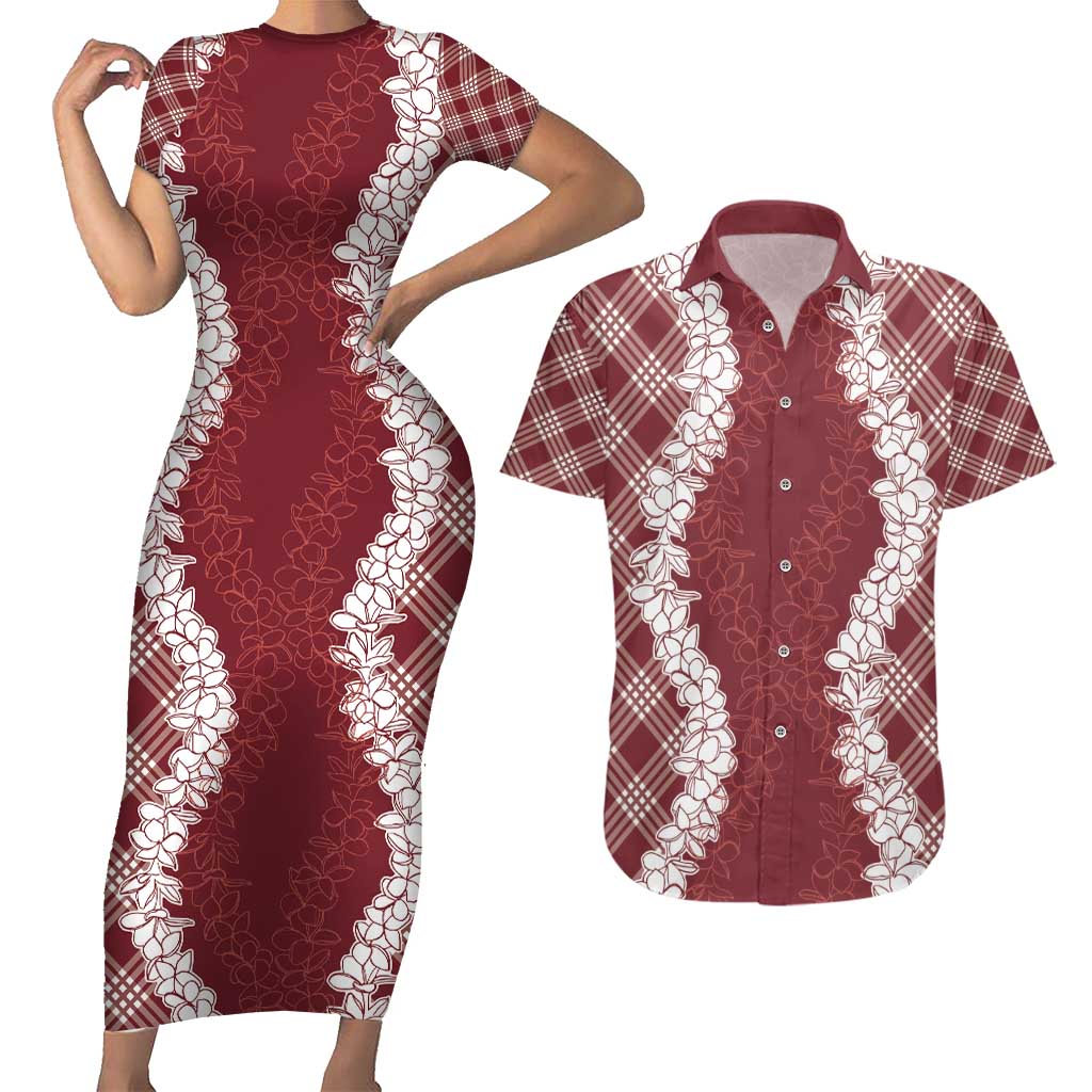 Hawaii Aloha Plumeria Lei Scarlet Palaka Couples Matching Short Sleeve Bodycon Dress and Hawaiian Shirt LT7 Scarlet - Polynesian Pride