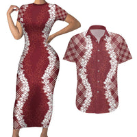 Hawaii Aloha Plumeria Lei Scarlet Palaka Couples Matching Short Sleeve Bodycon Dress and Hawaiian Shirt LT7 Scarlet - Polynesian Pride