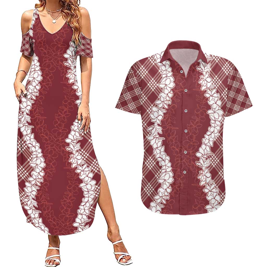 Hawaii Aloha Plumeria Lei Scarlet Palaka Couples Matching Summer Maxi Dress and Hawaiian Shirt - Polynesian Pride