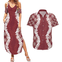 Hawaii Aloha Plumeria Lei Scarlet Palaka Couples Matching Summer Maxi Dress and Hawaiian Shirt - Polynesian Pride