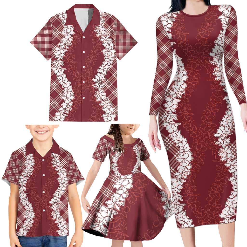 Hawaii Aloha Plumeria Lei Scarlet Palaka Family Matching Long Sleeve Bodycon Dress and Hawaiian Shirt LT7 - Polynesian Pride