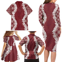 Hawaii Aloha Plumeria Lei Scarlet Palaka Family Matching Long Sleeve Bodycon Dress and Hawaiian Shirt LT7 - Polynesian Pride
