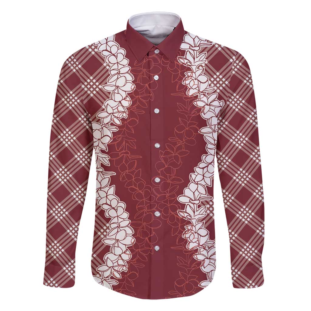 Hawaii Aloha Plumeria Lei Scarlet Palaka Family Matching Mermaid Dress and Hawaiian Shirt LT7 Dad's Shirt - Long Sleeve Scarlet - Polynesian Pride