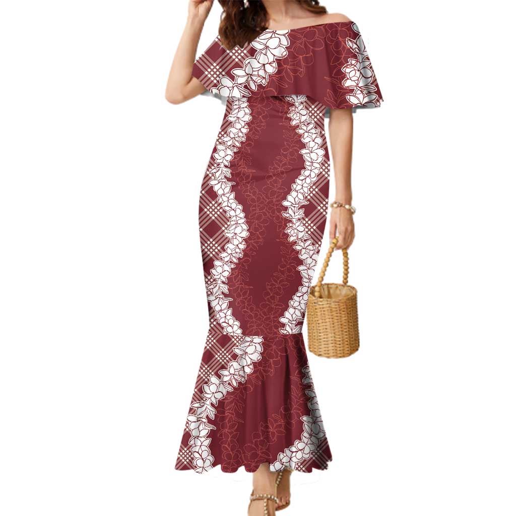 Hawaii Aloha Plumeria Lei Scarlet Palaka Family Matching Mermaid Dress and Hawaiian Shirt LT7 Mom's Dress Scarlet - Polynesian Pride
