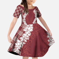 Hawaii Aloha Plumeria Lei Scarlet Palaka Family Matching Off The Shoulder Long Sleeve Dress and Hawaiian Shirt LT7 Daughter's Dress Scarlet - Polynesian Pride