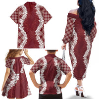 Hawaii Aloha Plumeria Lei Scarlet Palaka Family Matching Off The Shoulder Long Sleeve Dress and Hawaiian Shirt LT7 - Polynesian Pride