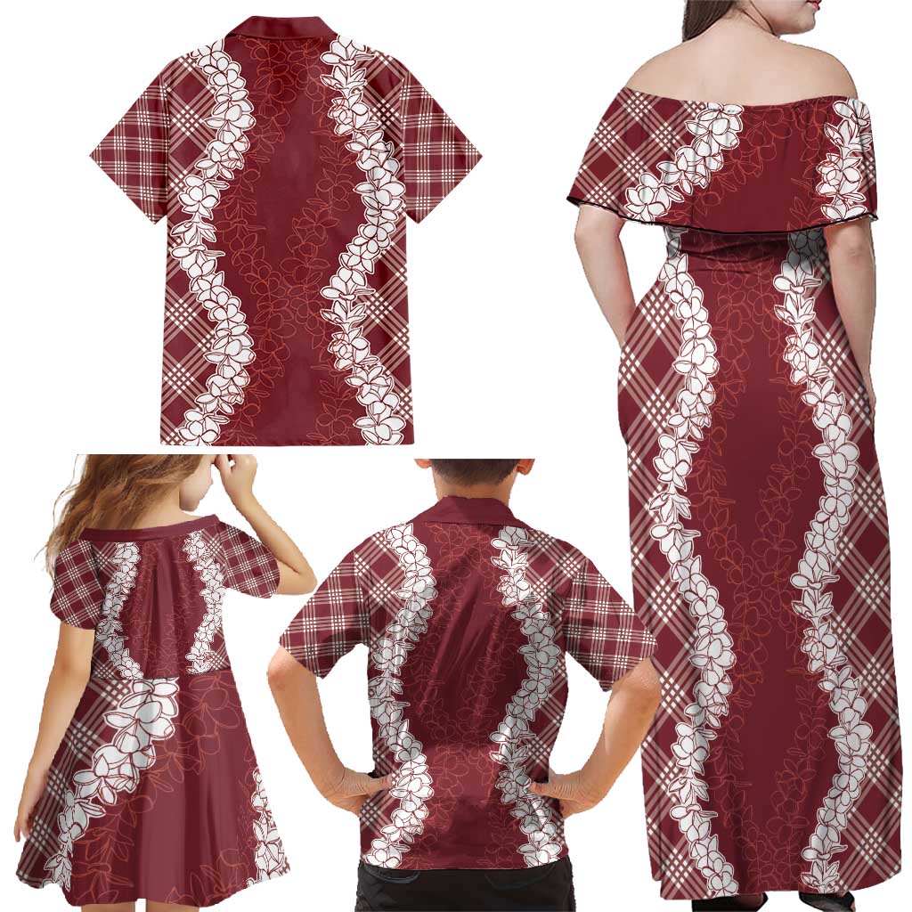 Hawaii Aloha Plumeria Lei Scarlet Palaka Family Matching Off Shoulder Maxi Dress and Hawaiian Shirt LT7 - Polynesian Pride