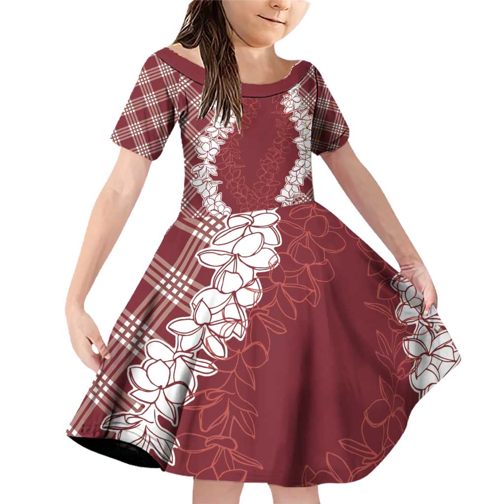 Hawaii Aloha Plumeria Lei Scarlet Palaka Family Matching Off Shoulder Short Dress and Hawaiian Shirt LT7 Daughter's Dress Scarlet - Polynesian Pride