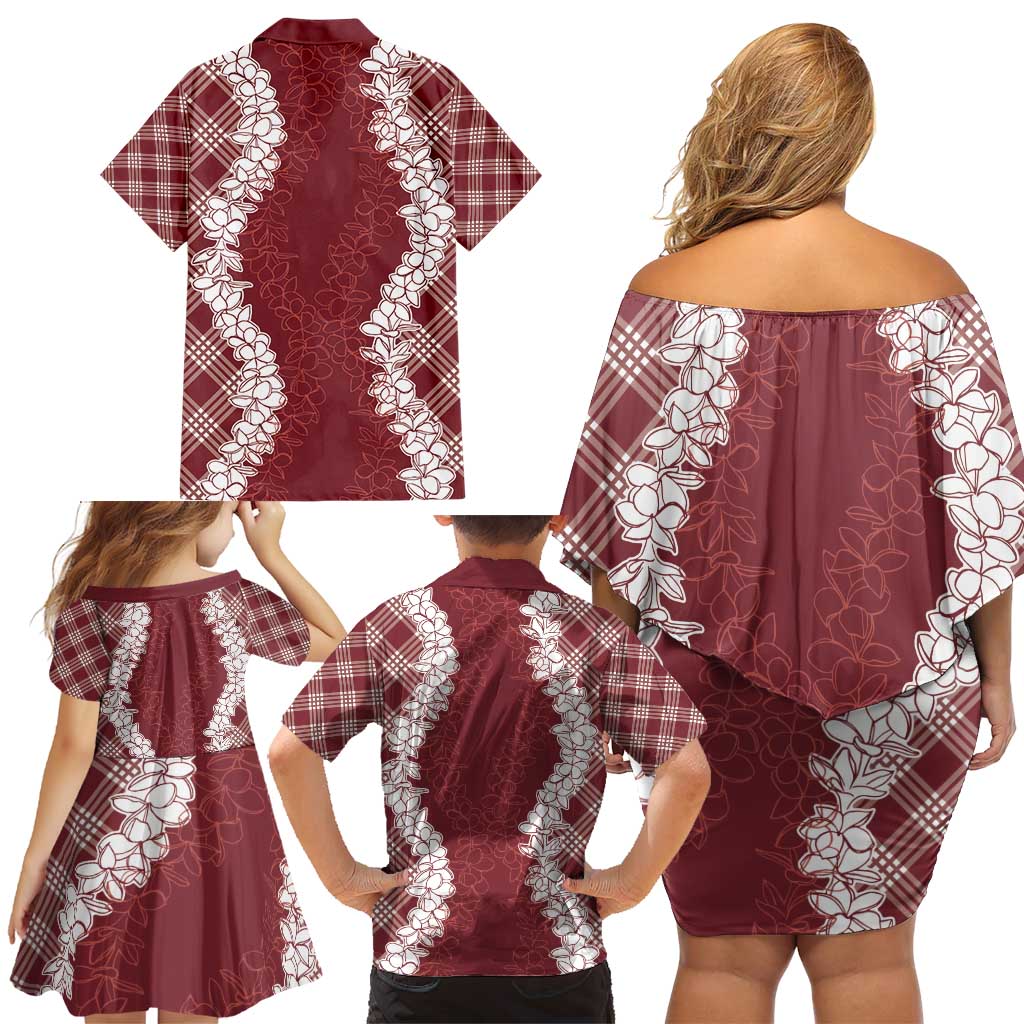 Hawaii Aloha Plumeria Lei Scarlet Palaka Family Matching Off Shoulder Short Dress and Hawaiian Shirt LT7 - Polynesian Pride