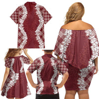 Hawaii Aloha Plumeria Lei Scarlet Palaka Family Matching Off Shoulder Short Dress and Hawaiian Shirt LT7 - Polynesian Pride