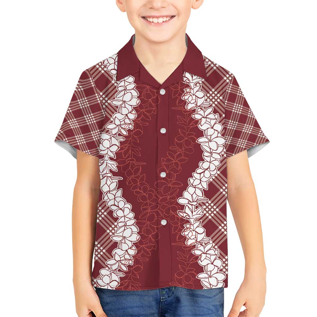 Hawaii Aloha Plumeria Lei Scarlet Palaka Family Matching Off Shoulder Short Dress and Hawaiian Shirt LT7 Son's Shirt Scarlet - Polynesian Pride