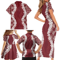 Hawaii Aloha Plumeria Lei Scarlet Palaka Family Matching Short Sleeve Bodycon Dress and Hawaiian Shirt LT7 - Polynesian Pride