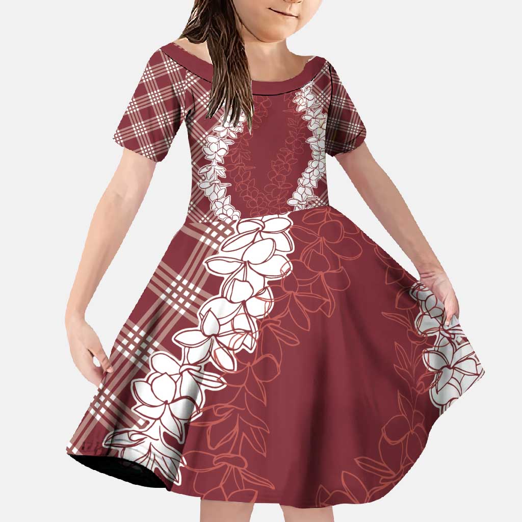 Hawaii Aloha Plumeria Lei Scarlet Palaka Family Matching Summer Maxi Dress and Hawaiian Shirt LT7 Daughter's Dress Scarlet - Polynesian Pride
