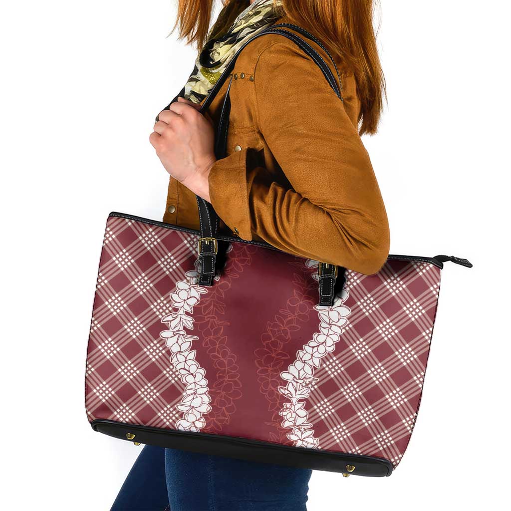 Hawaii Aloha Plumeria Lei Scarlet Palaka Leather Tote Bag - Polynesian Pride