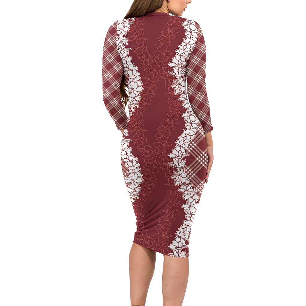 Hawaii Aloha Plumeria Lei Scarlet Palaka Long Sleeve Bodycon Dress - Polynesian Pride