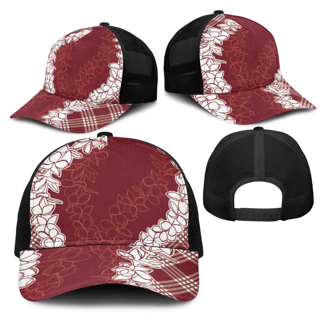 Hawaii Aloha Plumeria Lei Scarlet Palaka Mesh Trucker Cap - Polynesian Pride